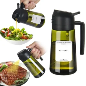 Ölsprüher UV-Schutz | 3 in 1 dunkler Sprühflasche aus olivgrünem Glas | Praktischer für Küche, Backen, Kochen, Heißluft, Grillen, Salate und Essig & Speiseöl
